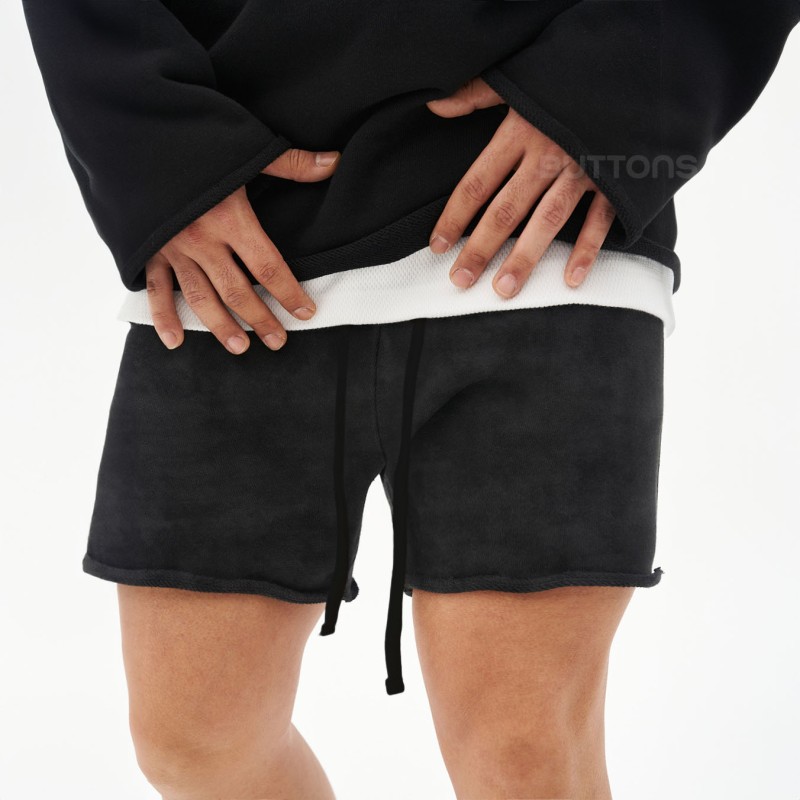 Quần Short Cắt Lai BUTTONS Màu Đen Wash Form Regular Ngắn Trên Gối , Quần đùi nam ngắn trên gối