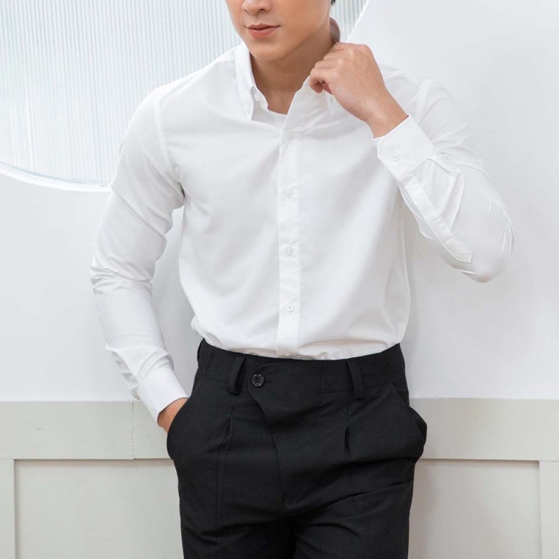 Áo Sơ Mi Tay Dài Cotton Lụa Fitted Màu Trắng AKB01M0029