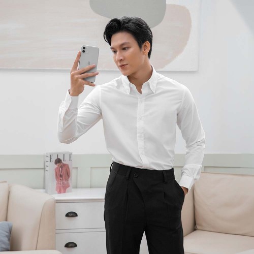 Áo Sơ Mi Tay Dài Cotton Lụa Fitted Màu Trắng AKB01M0029