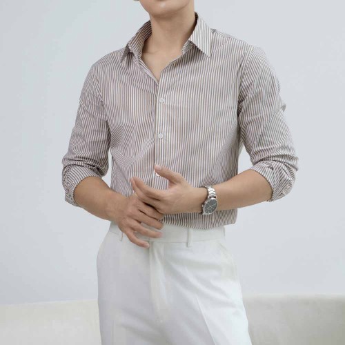 Áo Sơ Mi Tay Dài Kẻ Sọc Cotton Fitted Màu Xanh AKB02K0789