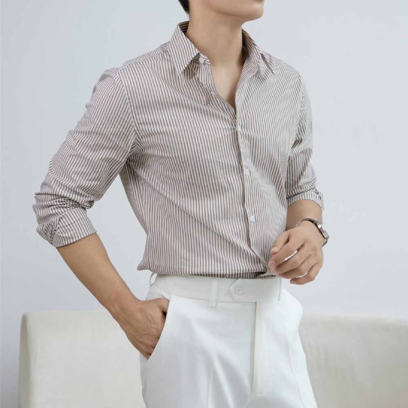 Áo Sơ Mi Tay Dài Kẻ Sọc Cotton Fitted Màu Xanh AKB02K0789