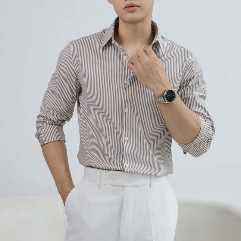 Áo Sơ Mi Tay Dài Kẻ Sọc Cotton Fitted Màu Xanh AKB02K0789