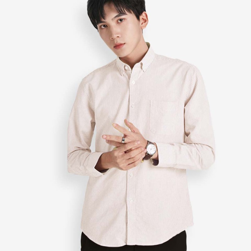 Áo Sơ Mi Công Sở Kẻ Sọc Striped Cotton Màu Sọc Beige Form Fitted
