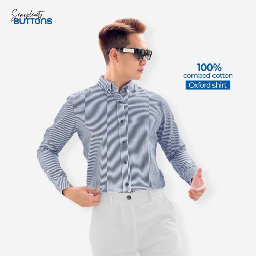Áo Sơ Mi Công Sở Kẻ Sọc Striped Cotton Màu Sọc Xanh Form Fitted